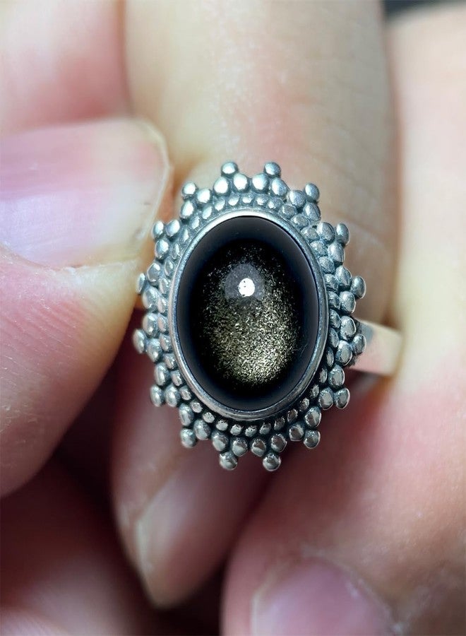 HAIXIAN Round Natural Black Obsidian Stone Ring for Women,Retro Antique Vintage S925 Sterling Silver Real Genuine Crystal Quartz Gemstone Boho Bohemian Ring Jewelr (A_Obsidian, 9) - Image 2